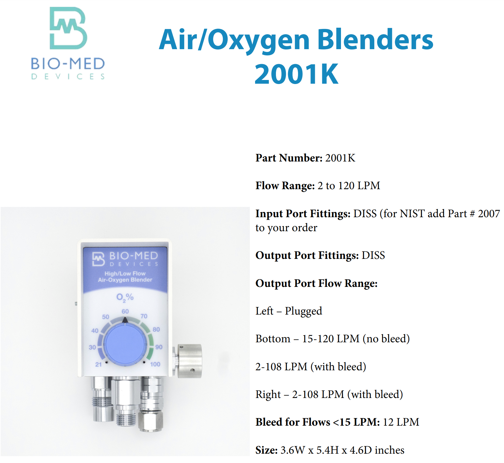 Bio-Med Devices 2001K Oxygen Blender