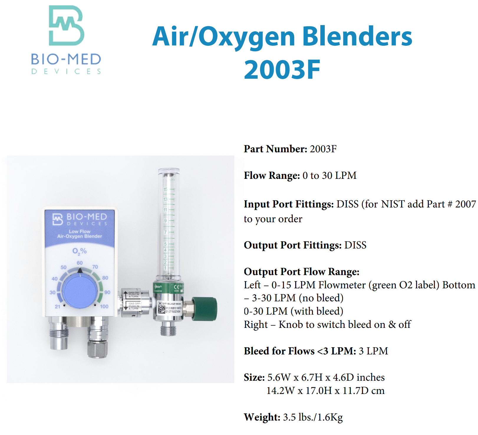Bio-Med Devices 2003F Oxygen Blender