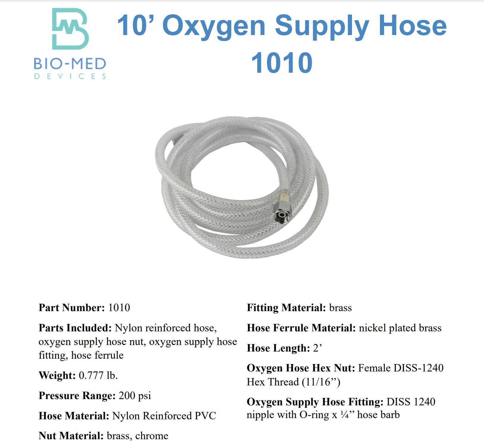 Bio-Med Devices 1010 10' High Pressure Oxygen Hose