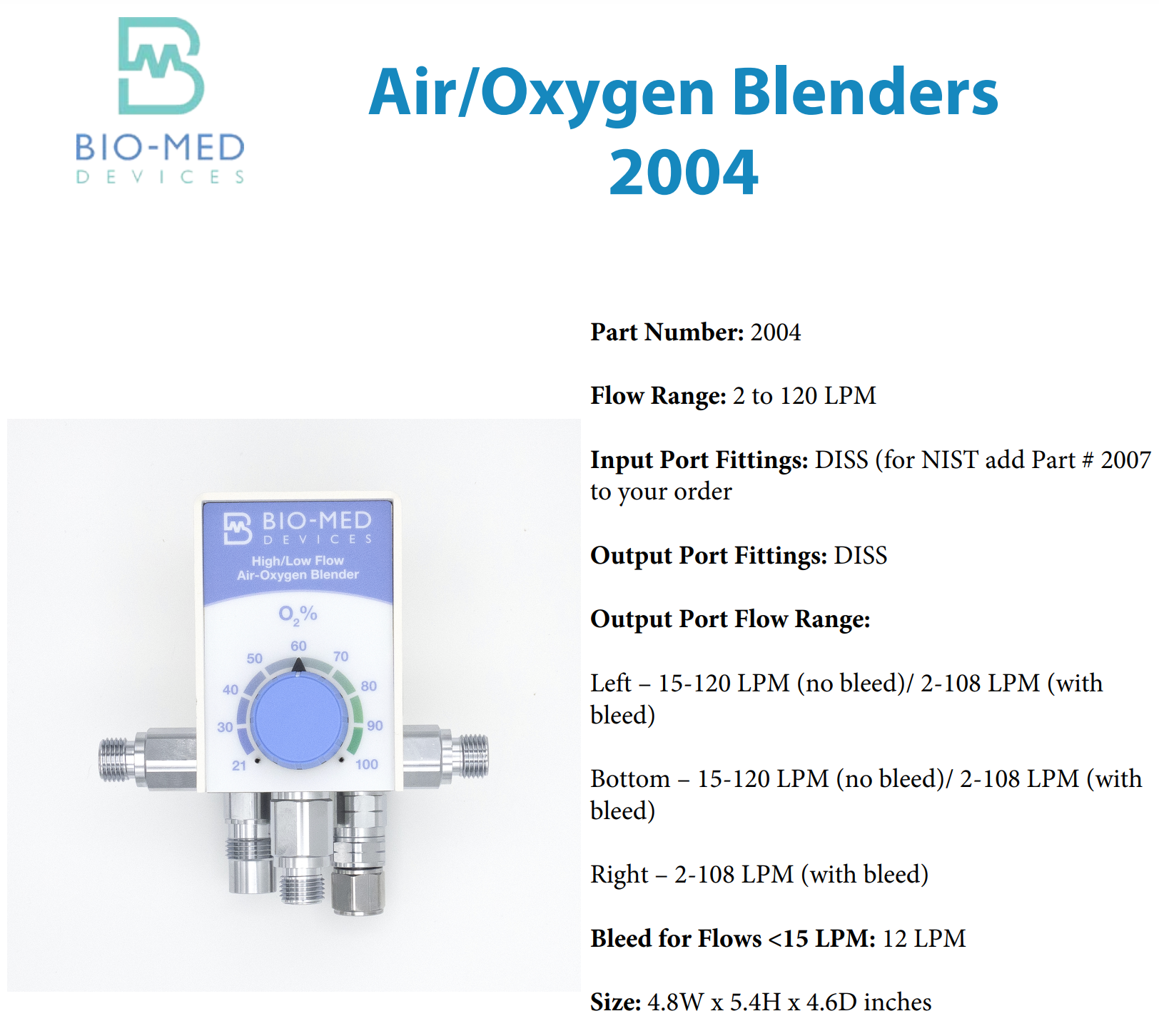 Bio-Med Devices 2004 Oxygen Blender
